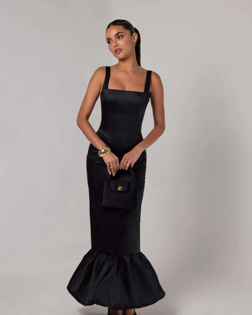 Black corset sheen maxi bubble dress sold by Heiress Beverly Hills product image thumbnail 3