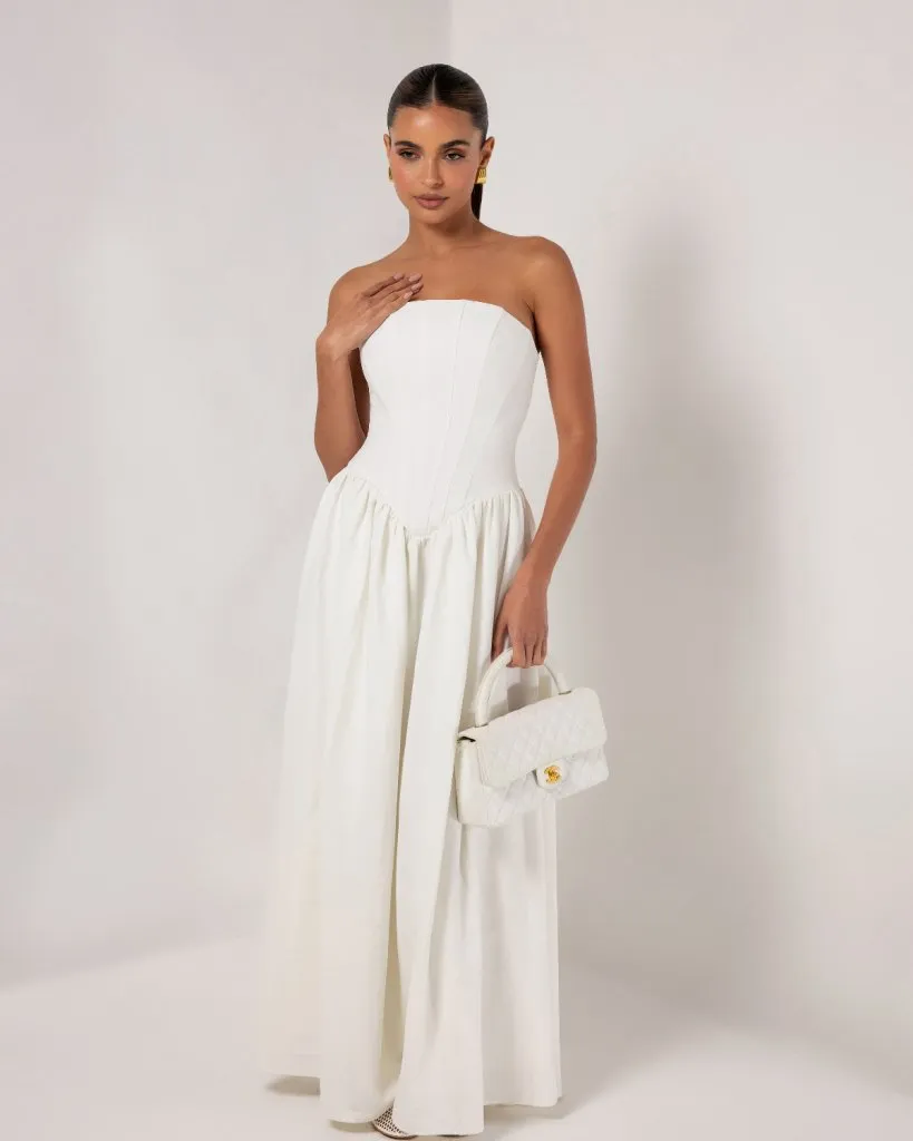 White strapless corset crepe flare maxi dress sold by Heiress Beverly Hills product image thumbnail 5