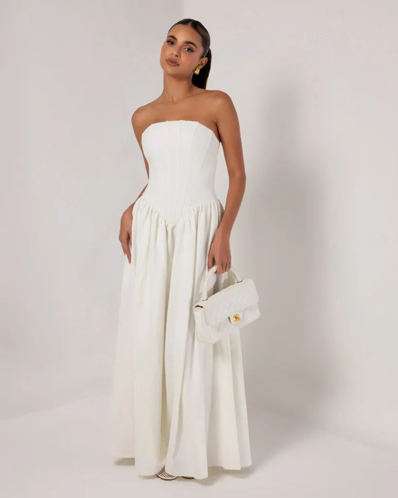 White strapless corset crepe flare maxi dress sold by Heiress Beverly Hills product image thumbnail 2