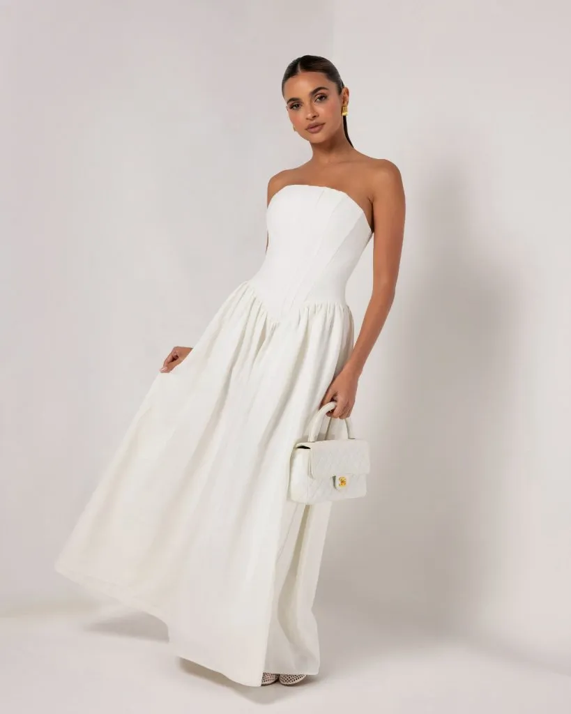 White strapless corset crepe flare maxi dress sold by Heiress Beverly Hills product image thumbnail 3