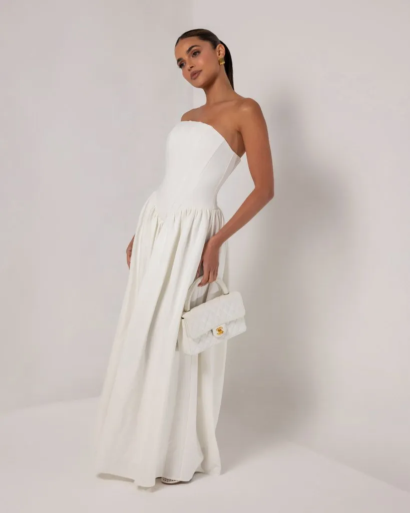 White strapless corset crepe flare maxi dress sold by Heiress Beverly Hills product image thumbnail 4