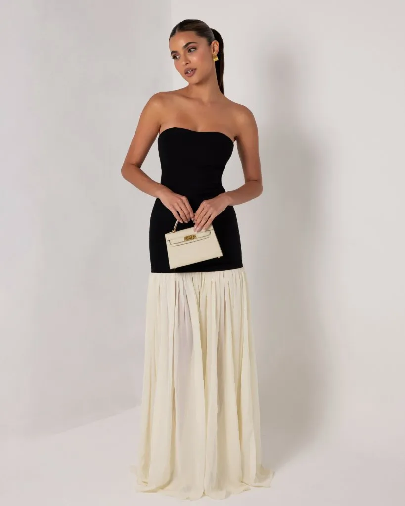 Black strapless cream chiffon maxi dress sold by Heiress Beverly Hills product image thumbnail 4