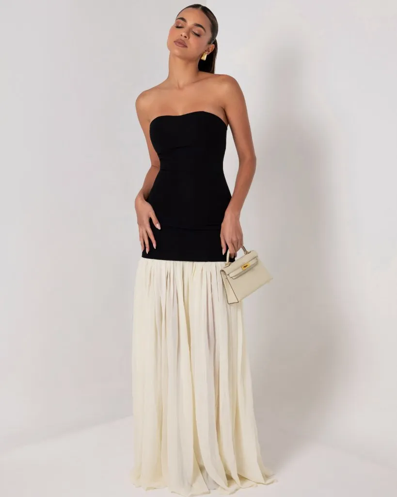 Black strapless cream chiffon maxi dress sold by Heiress Beverly Hills product image thumbnail 2