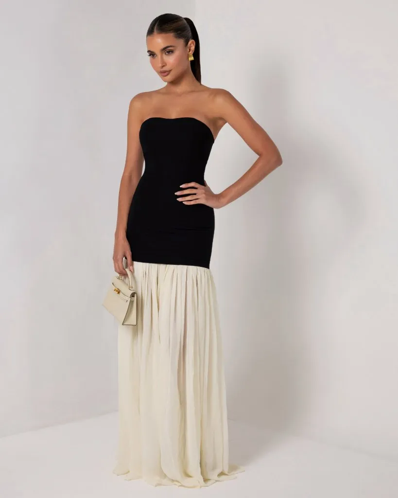 Black strapless cream chiffon maxi dress sold by Heiress Beverly Hills product image thumbnail 3