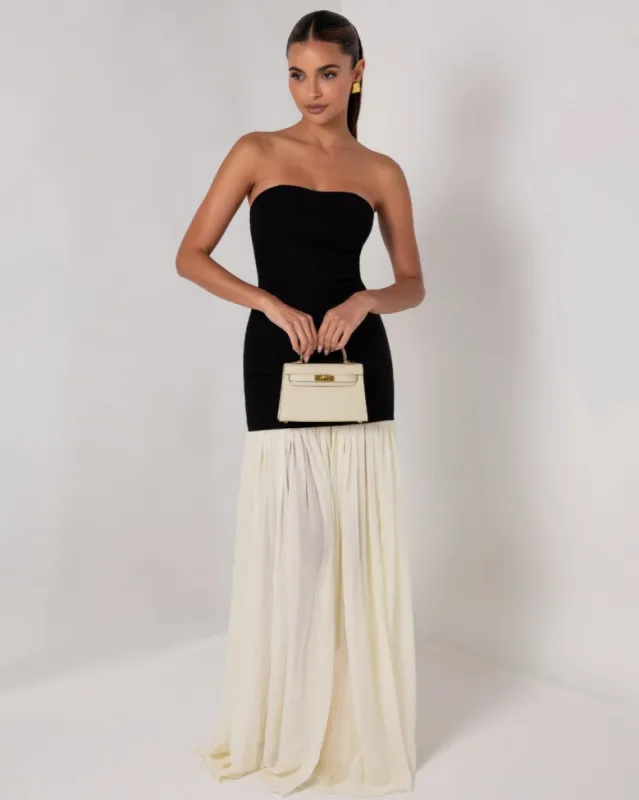 Black strapless cream chiffon maxi dress sold by Heiress Beverly Hills