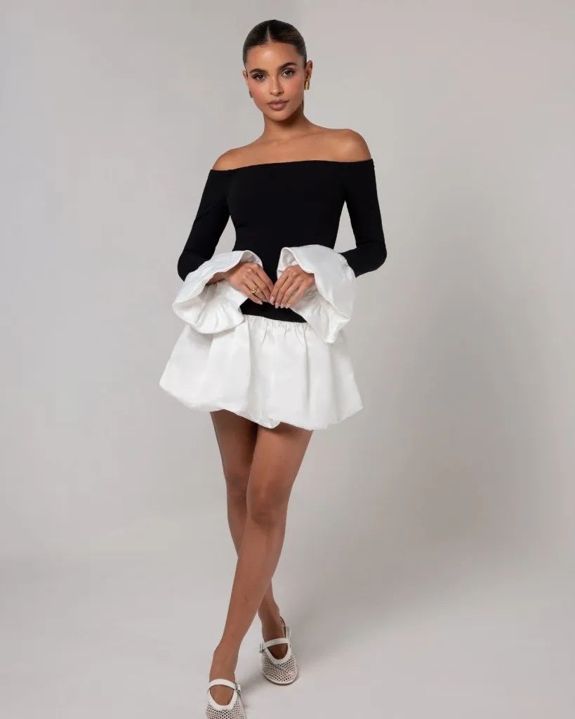 Black off the shoulder white puff sleeve mini dress sold by Heiress Beverly Hills product image thumbnail 4