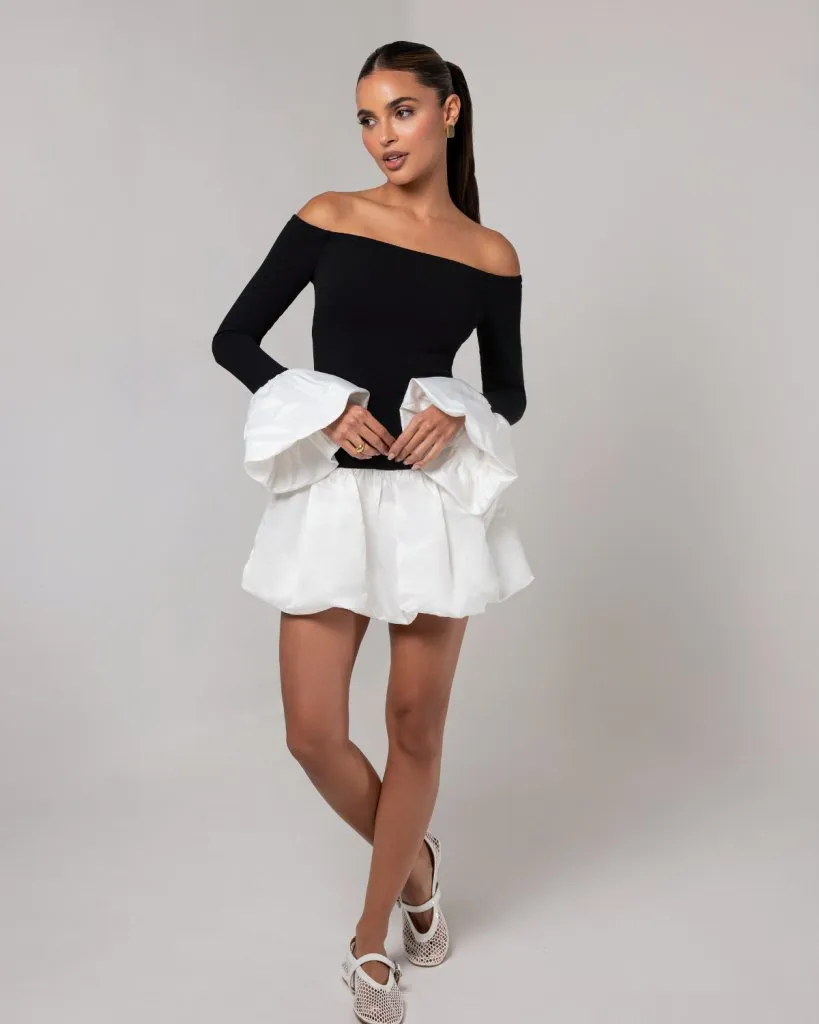 Black off the shoulder white puff sleeve mini dress sold by Heiress Beverly Hills product image thumbnail 5