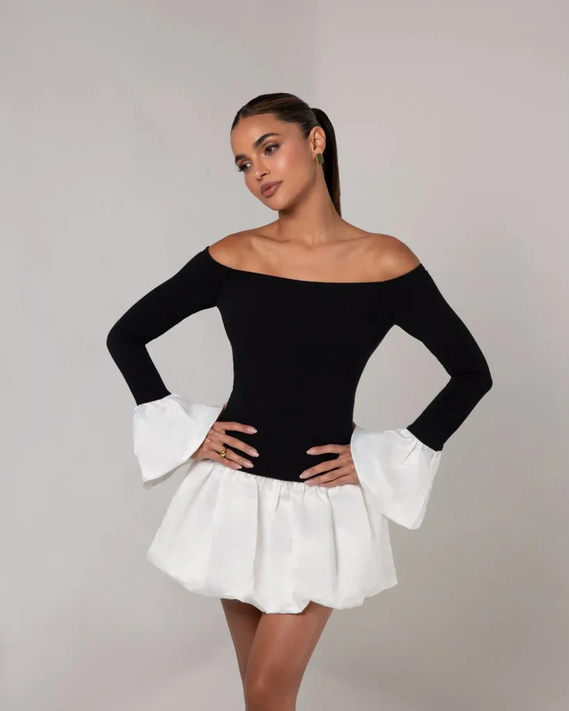 Black off the shoulder white puff sleeve mini dress sold by Heiress Beverly Hills product image thumbnail 3