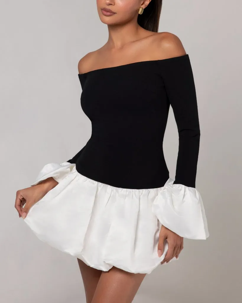 Black off the shoulder white puff sleeve mini dress sold by Heiress Beverly Hills product image thumbnail 2