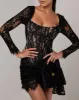 Black long sleeve lace corset draped mini dress sold by Heiress Beverly Hills