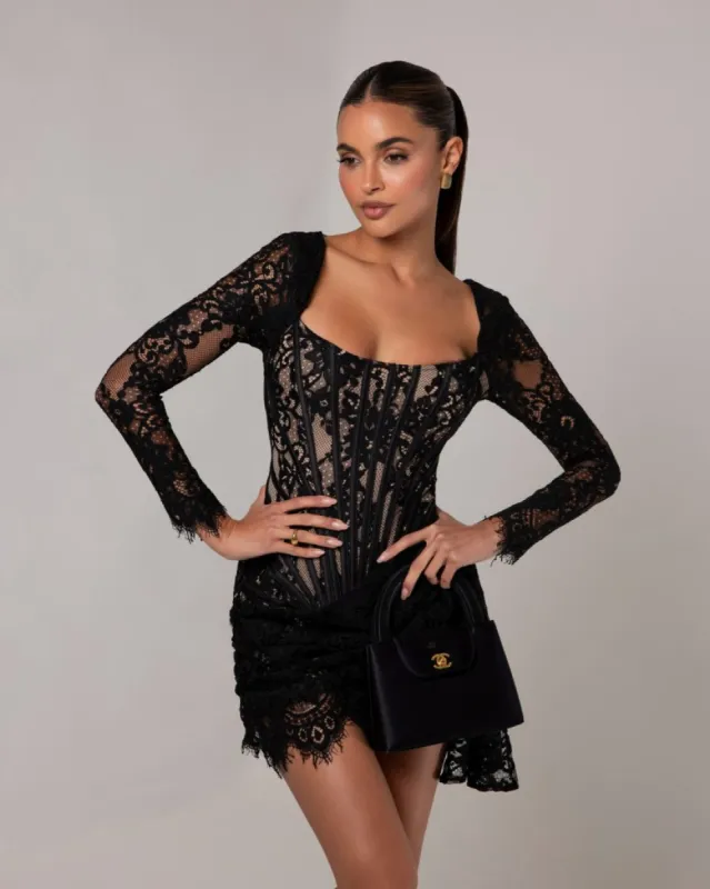 Black long sleeve lace corset draped mini dress sold by Heiress Beverly Hills