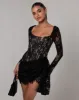 Black long sleeve lace corset draped mini dress sold by Heiress Beverly Hills