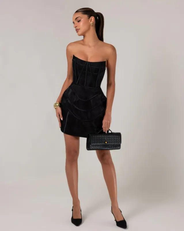 Black wavy strapless corset a-line mini dress made by Heiress Beverly Hills