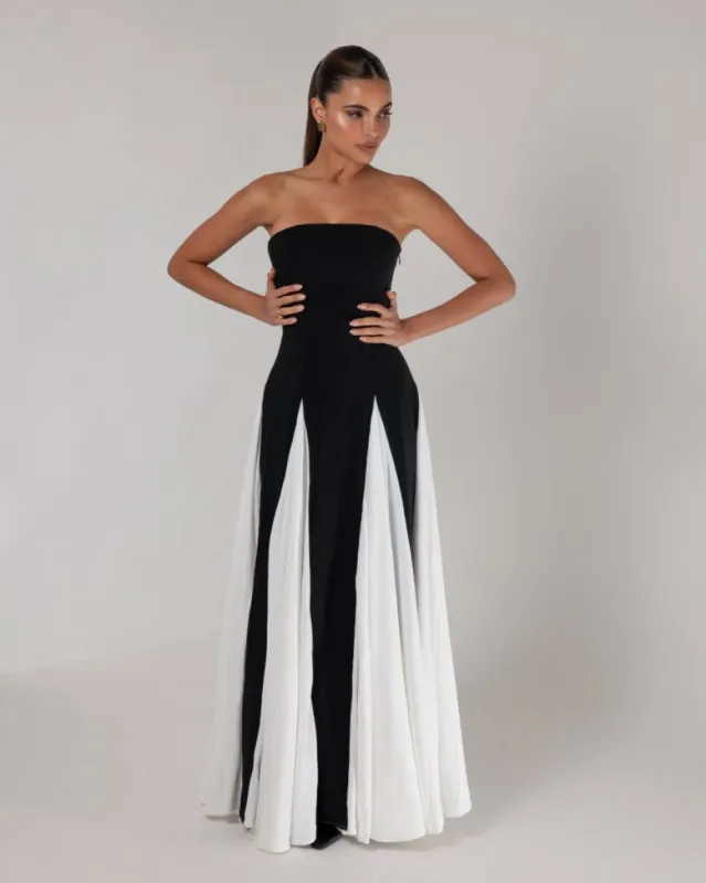 Black strapless colorblock pleated maxi dress sold by Heiress Beverly Hills