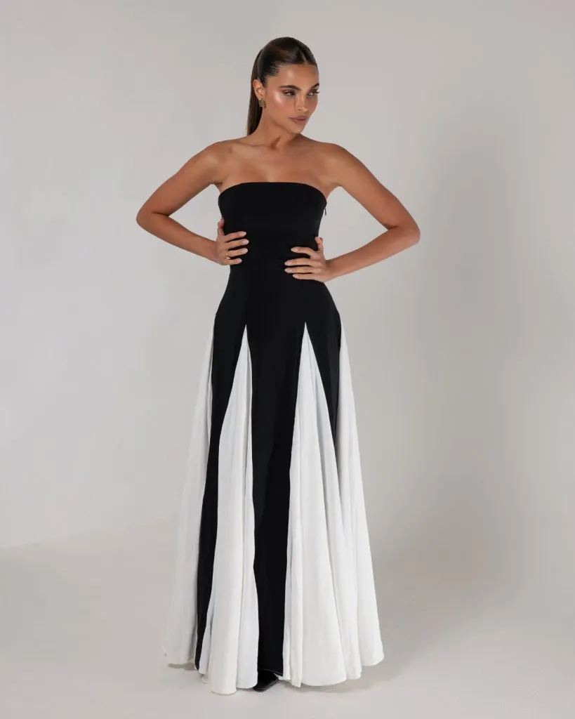 Black strapless colorblock pleated maxi dress sold by Heiress Beverly Hills