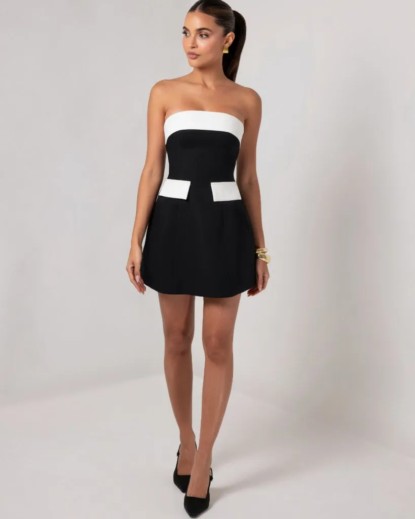 Black and white strapless a-line pocket mini dress sold by Heiress Beverly Hills product image thumbnail 5