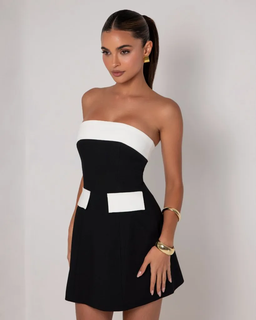 Black and white strapless a-line pocket mini dress sold by Heiress Beverly Hills product image thumbnail 2