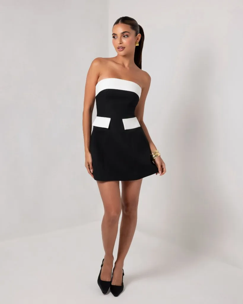 Black and white strapless a-line pocket mini dress sold by Heiress Beverly Hills product image thumbnail 3