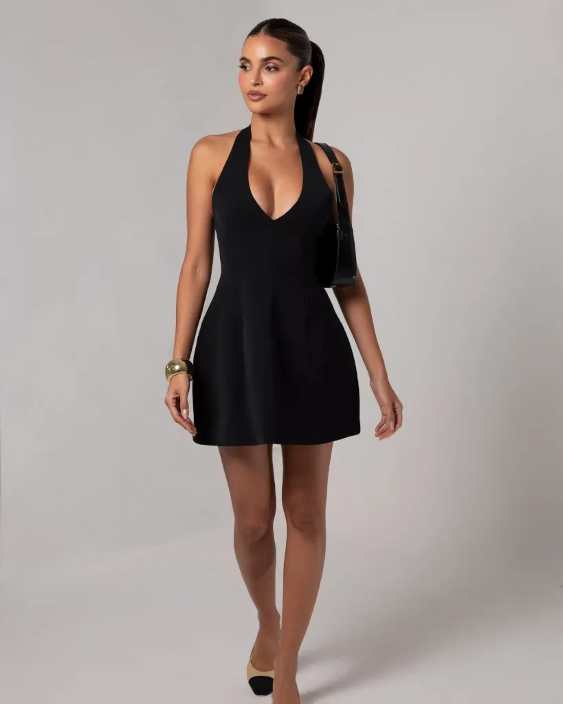 Black a-line plunging neckline flare mini dress sold by Heiress Beverly Hills product image thumbnail 3