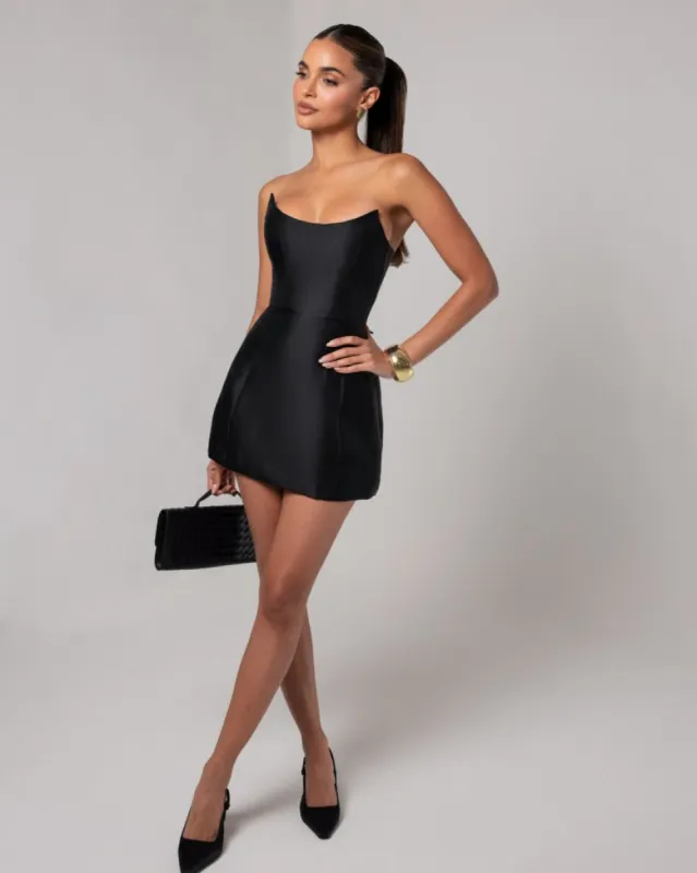 Black strapless sheen corset mini dress sold by Heiress Beverly Hills
