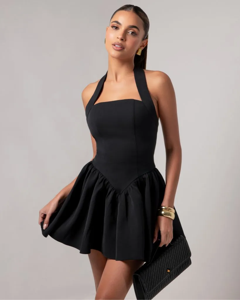 Black halter contour a-line mini dress sold by Heiress Beverly Hills product image thumbnail 3