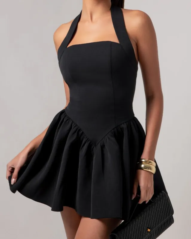 Black halter contour a-line mini dress sold by Heiress Beverly Hills