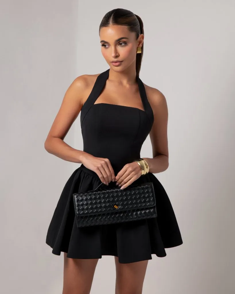 Black halter contour a-line mini dress sold by Heiress Beverly Hills product image thumbnail 2