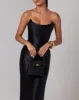 Black strapless sheen corset midi dress sold by Heiress Beverly Hills