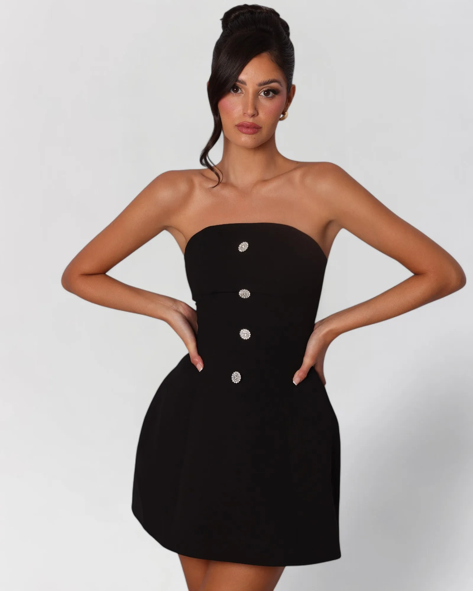 Black crystal button a-line mini dress sold by Heiress Beverly Hills product image thumbnail 3