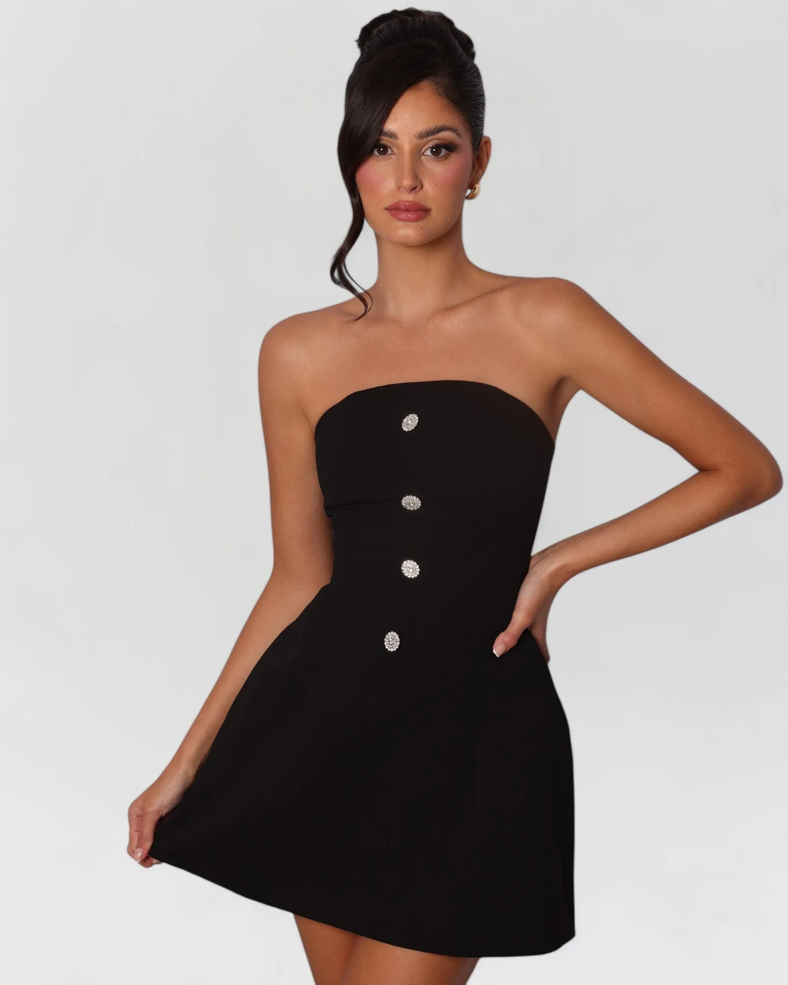 Black crystal button a-line mini dress sold by Heiress Beverly Hills product image thumbnail 4