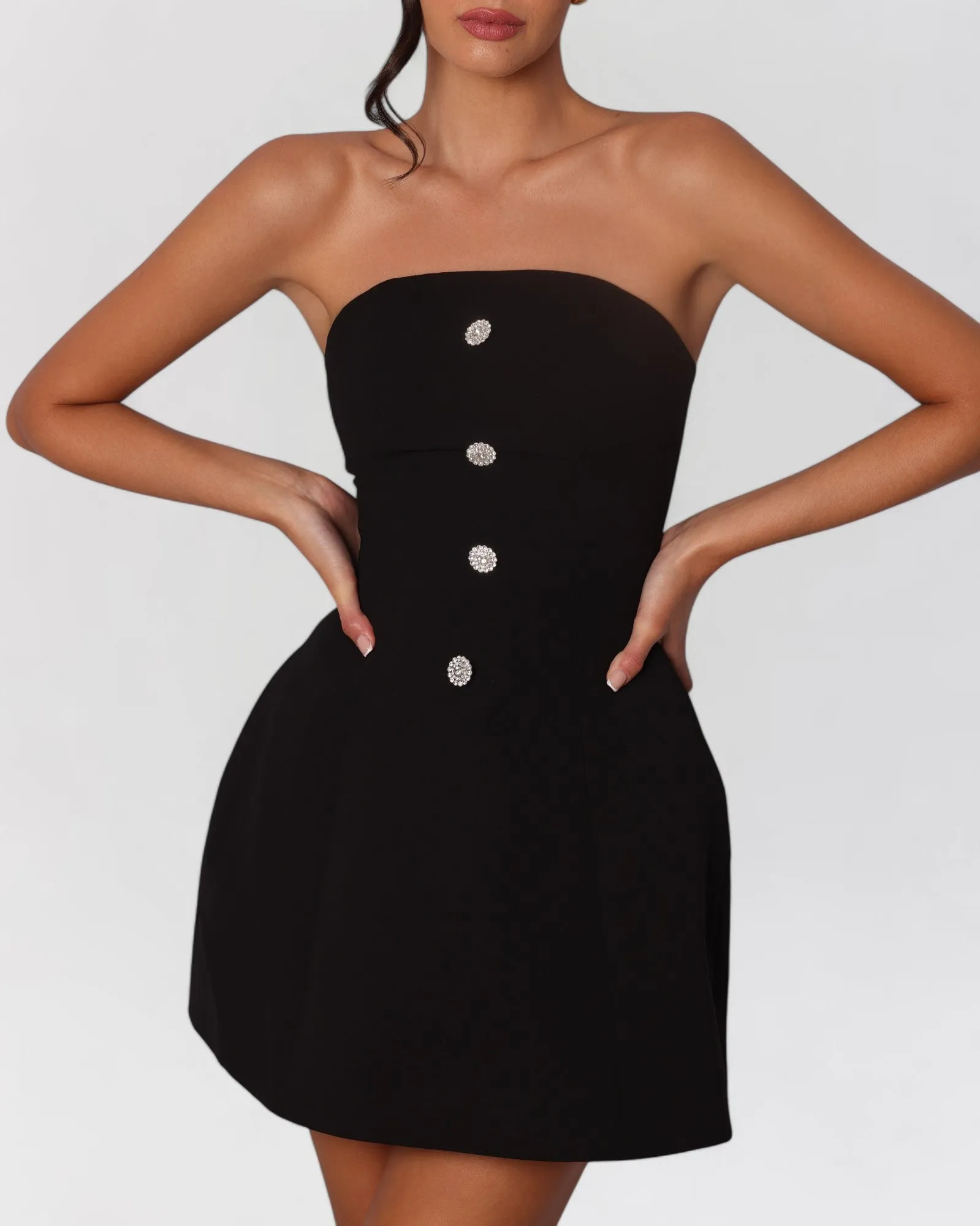 Black crystal button a-line mini dress sold by Heiress Beverly Hills product image thumbnail 2