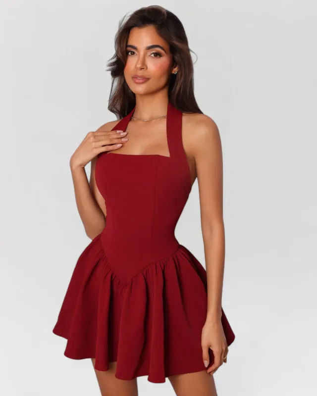 Wine red halter contour a-line mini dress sold by Heiress Beverly Hills