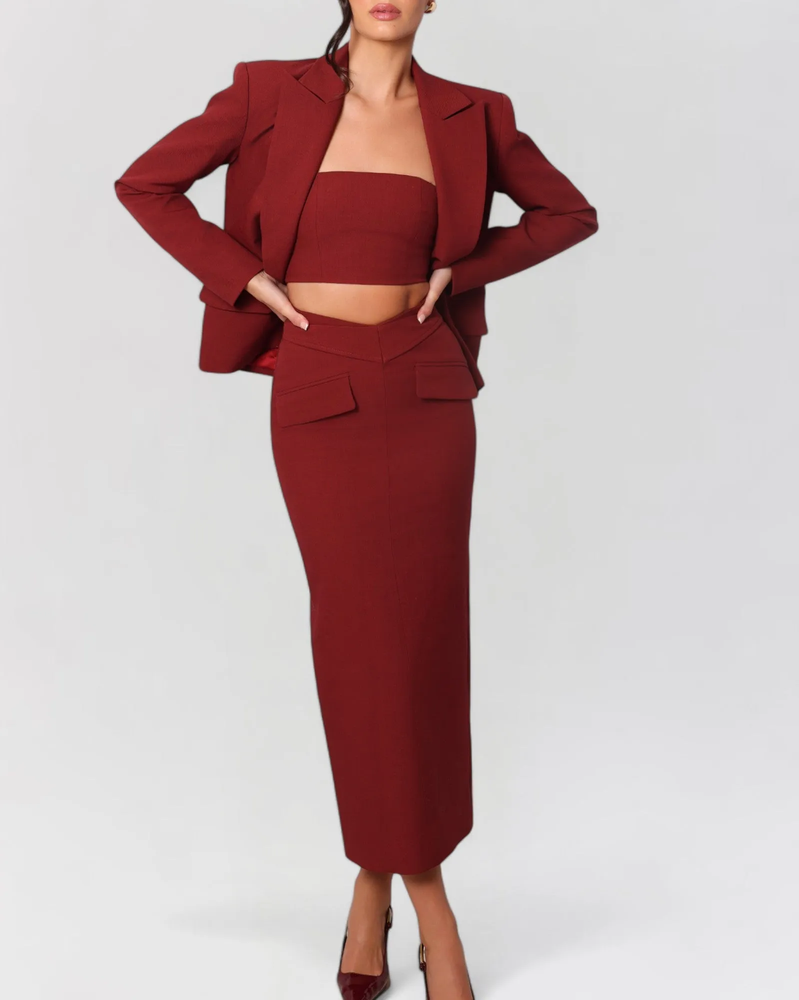 Wine red midi skirt sold by Heiress Beverly Hills