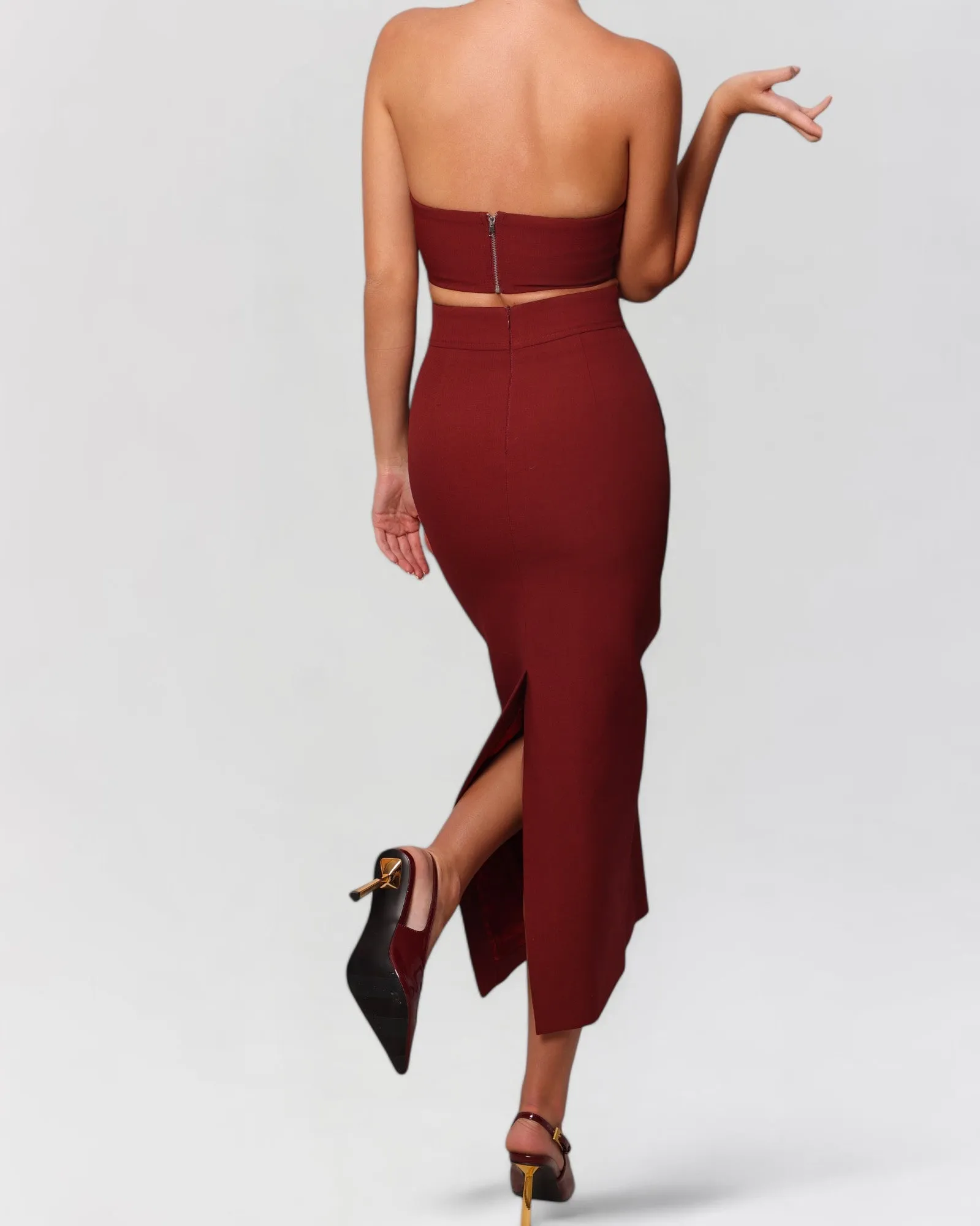 Wine red strapless crop top sold by Heiress Beverly Hills product image thumbnail 4