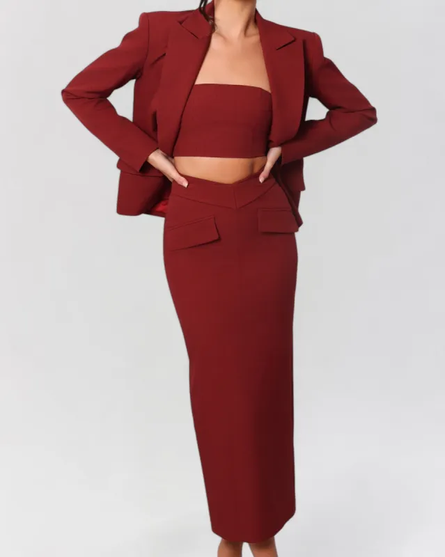 Wine red strapless crop top sold by Heiress Beverly Hills