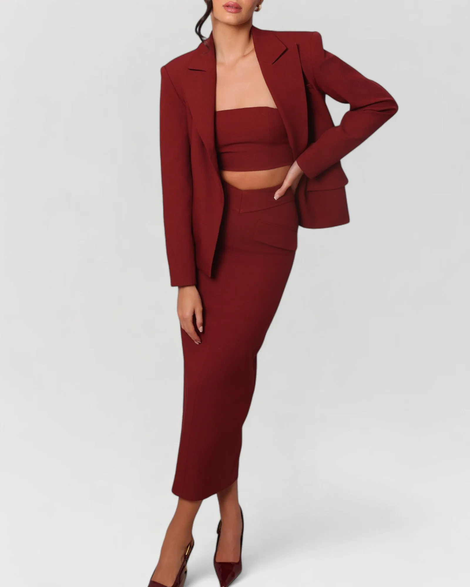 Wine red strapless crop top sold by Heiress Beverly Hills product image thumbnail 2