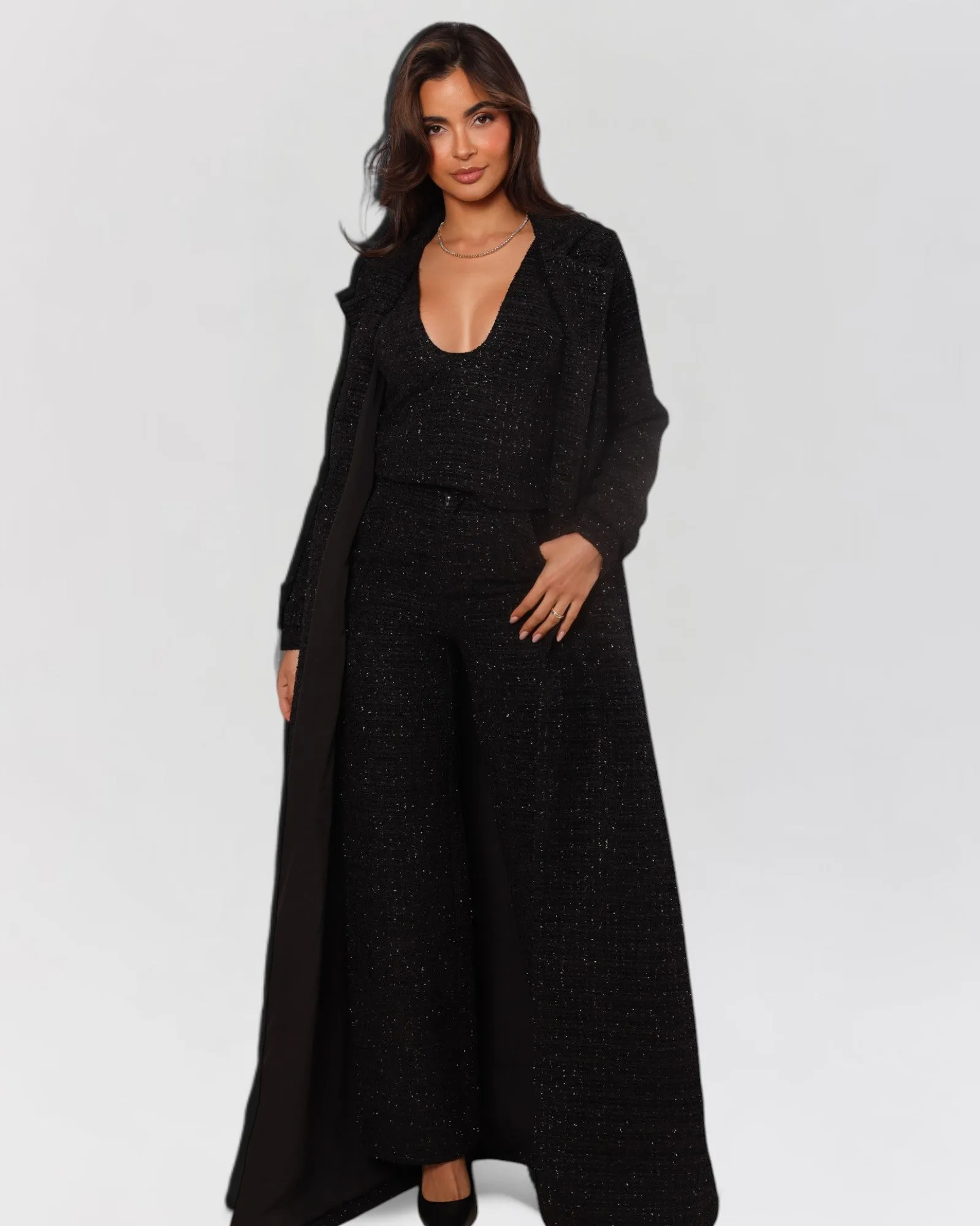 Black tweed long sleeve blazer trench coat sold by Heiress Beverly Hills product image thumbnail 5
