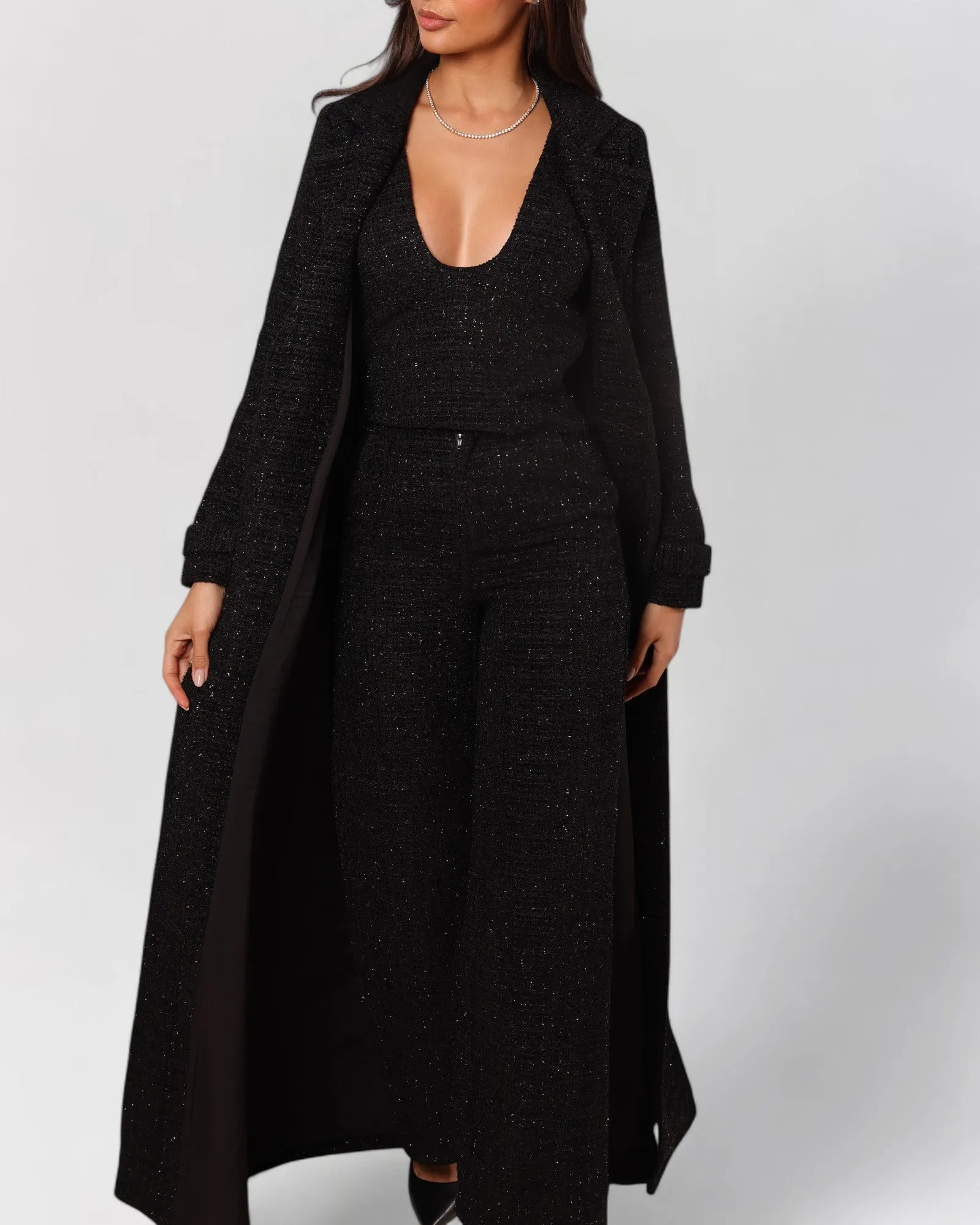 Black tweed long sleeve blazer trench coat sold by Heiress Beverly Hills product image thumbnail 3