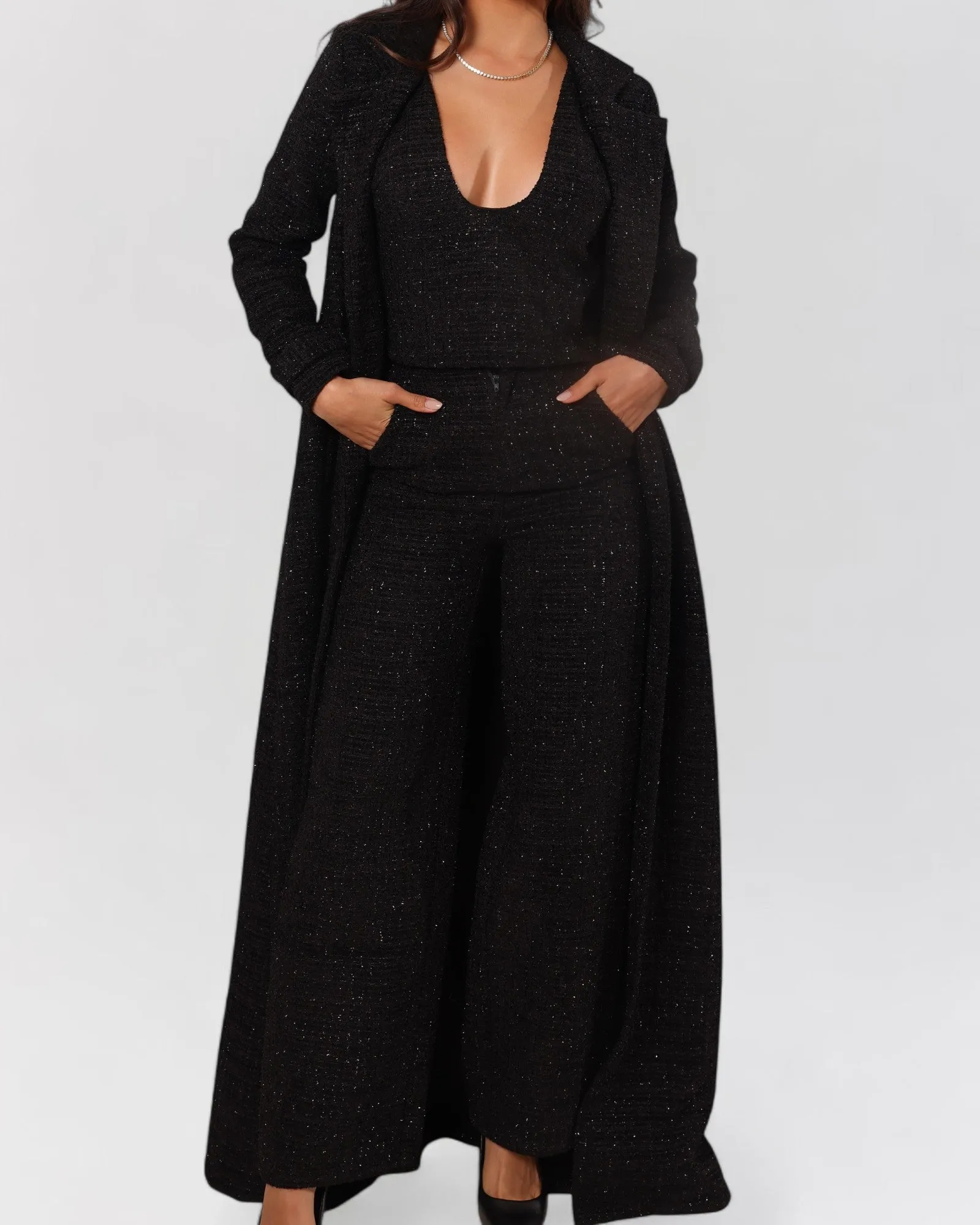 Black tweed long sleeve blazer trench coat sold by Heiress Beverly Hills