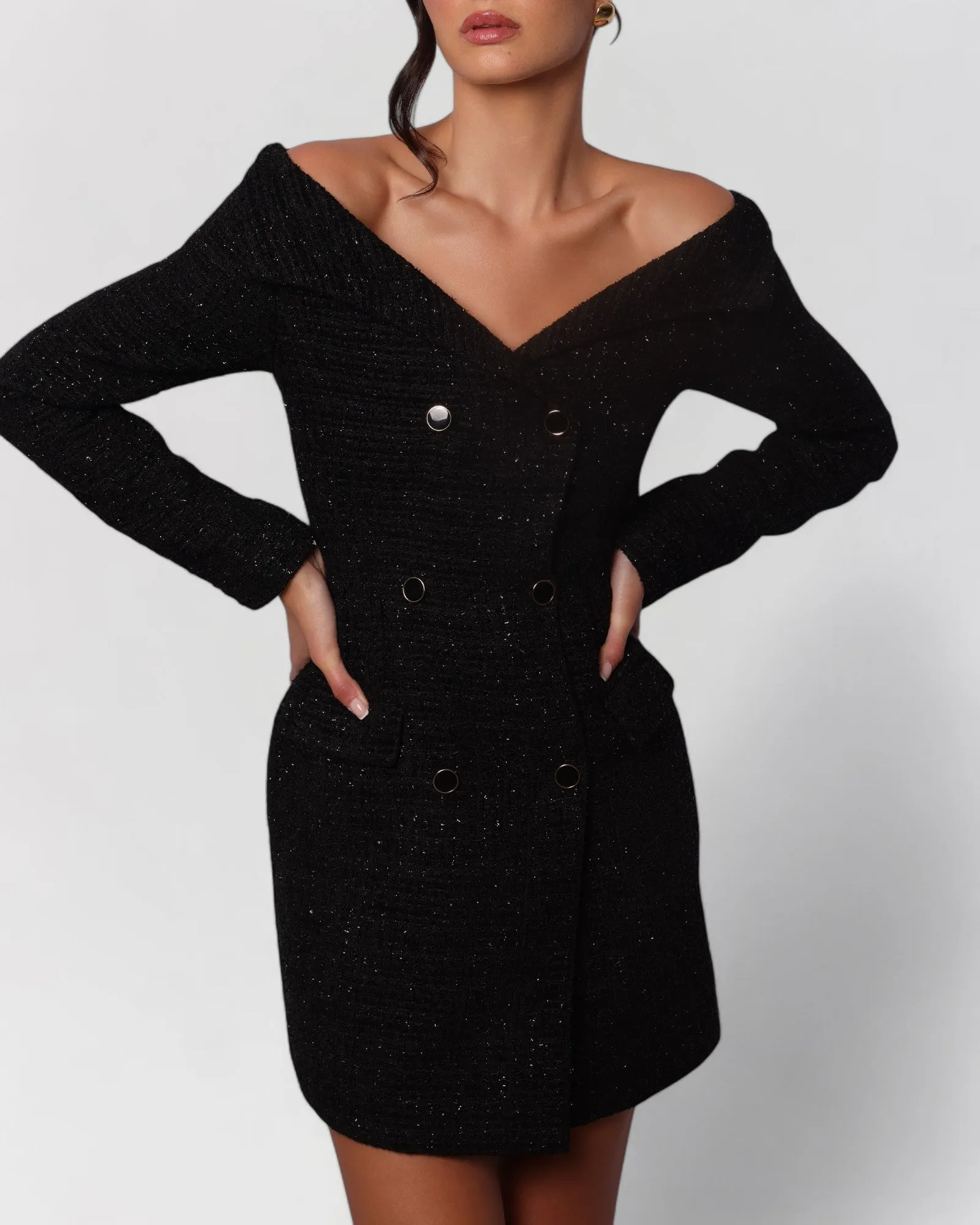 Black tweed off the shoulder long sleeve blazer mini dress sold by Heiress Beverly Hills