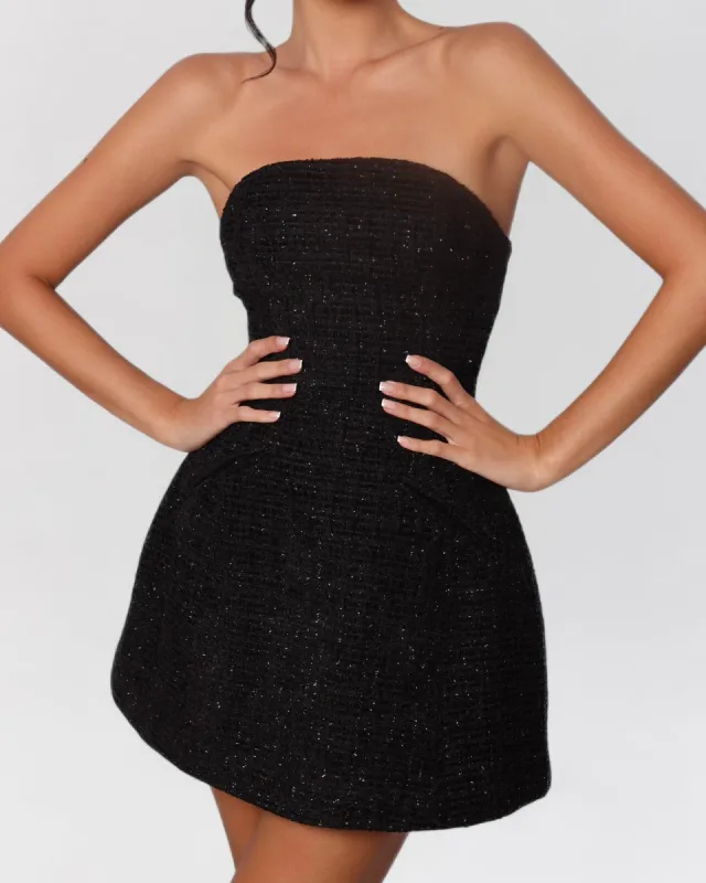 Black metallic tweed a-line pocket mini dress sold by Heiress Beverly Hills