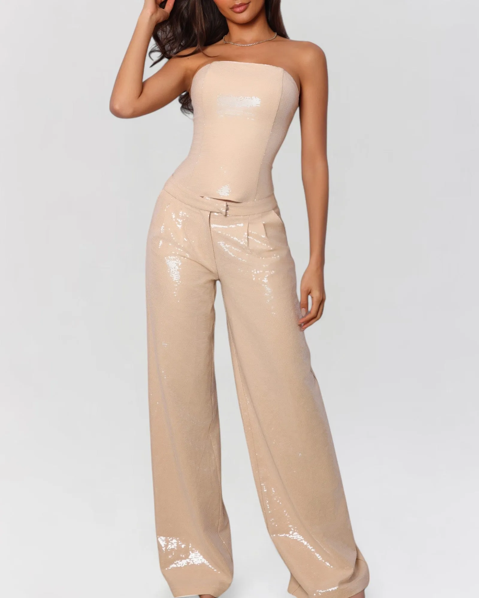 Nude sequin low rise pants sold by Heiress Beverly Hills product image thumbnail 3