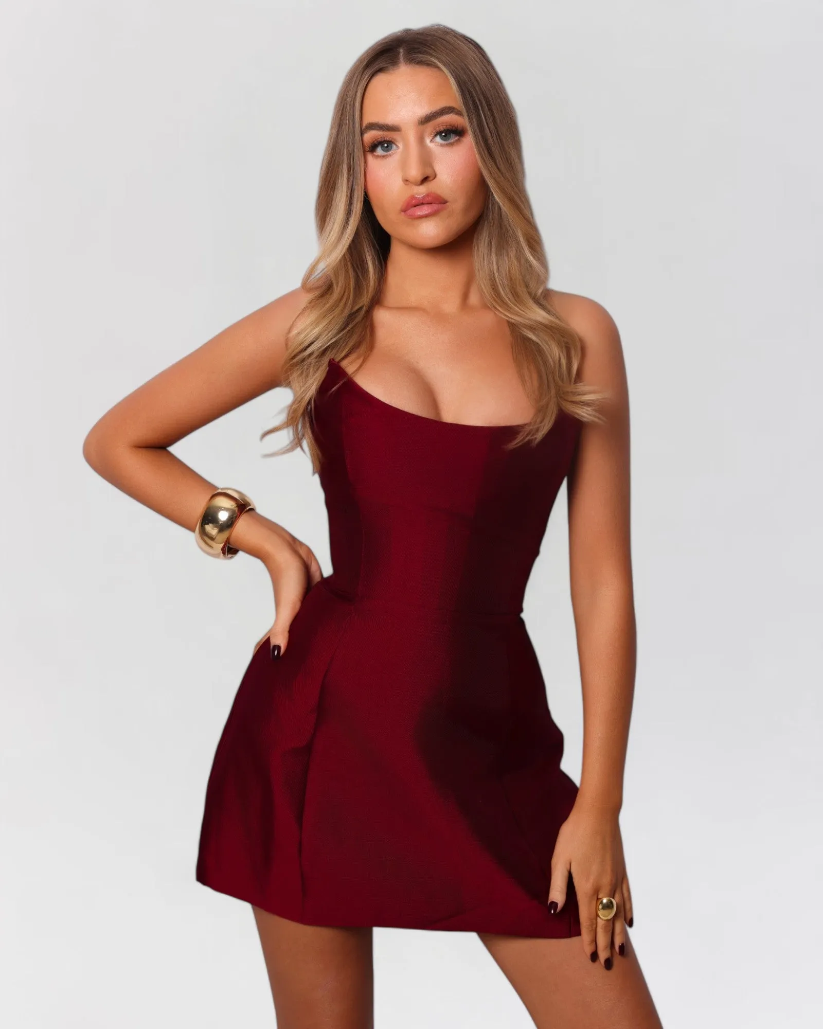 Red strapless sheen corset mini dress sold by Heiress Beverly Hills product image thumbnail 2