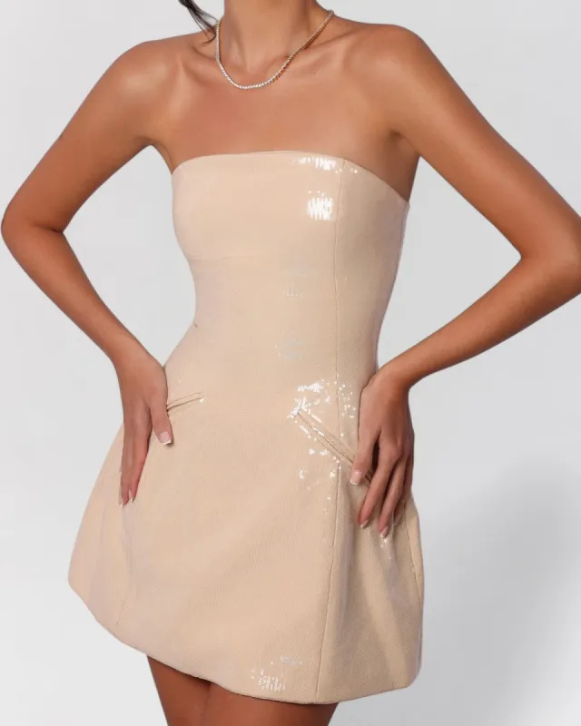 Nude sequin strapless a-line pocket mini dress sold by Heiress Beverly Hills