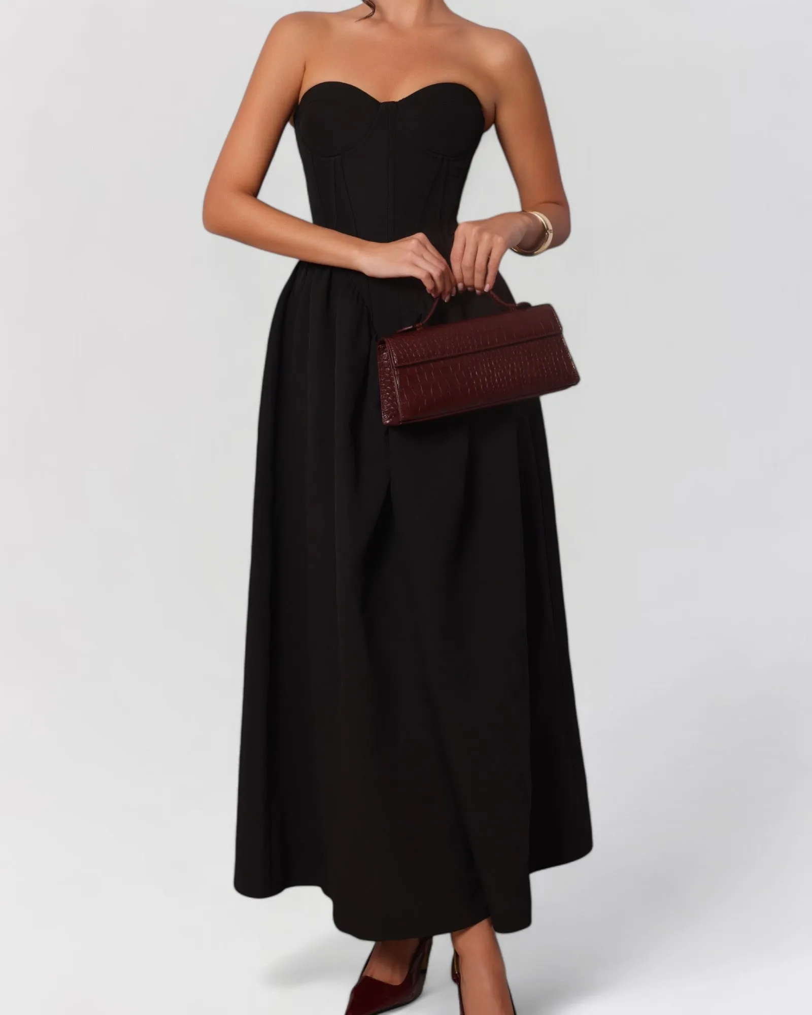 Black strapless corset cotton poplin maxi dress sold by Heiress Beverly Hills