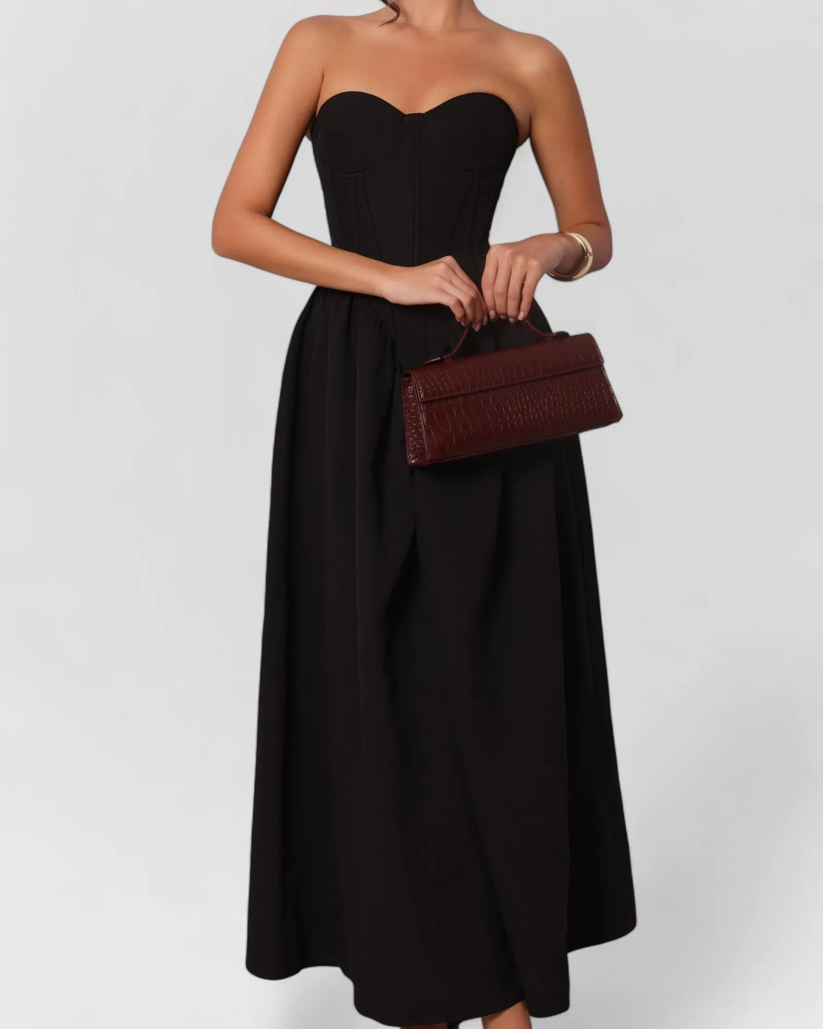 Black strapless corset cotton poplin maxi dress sold by Heiress Beverly Hills product image thumbnail 3