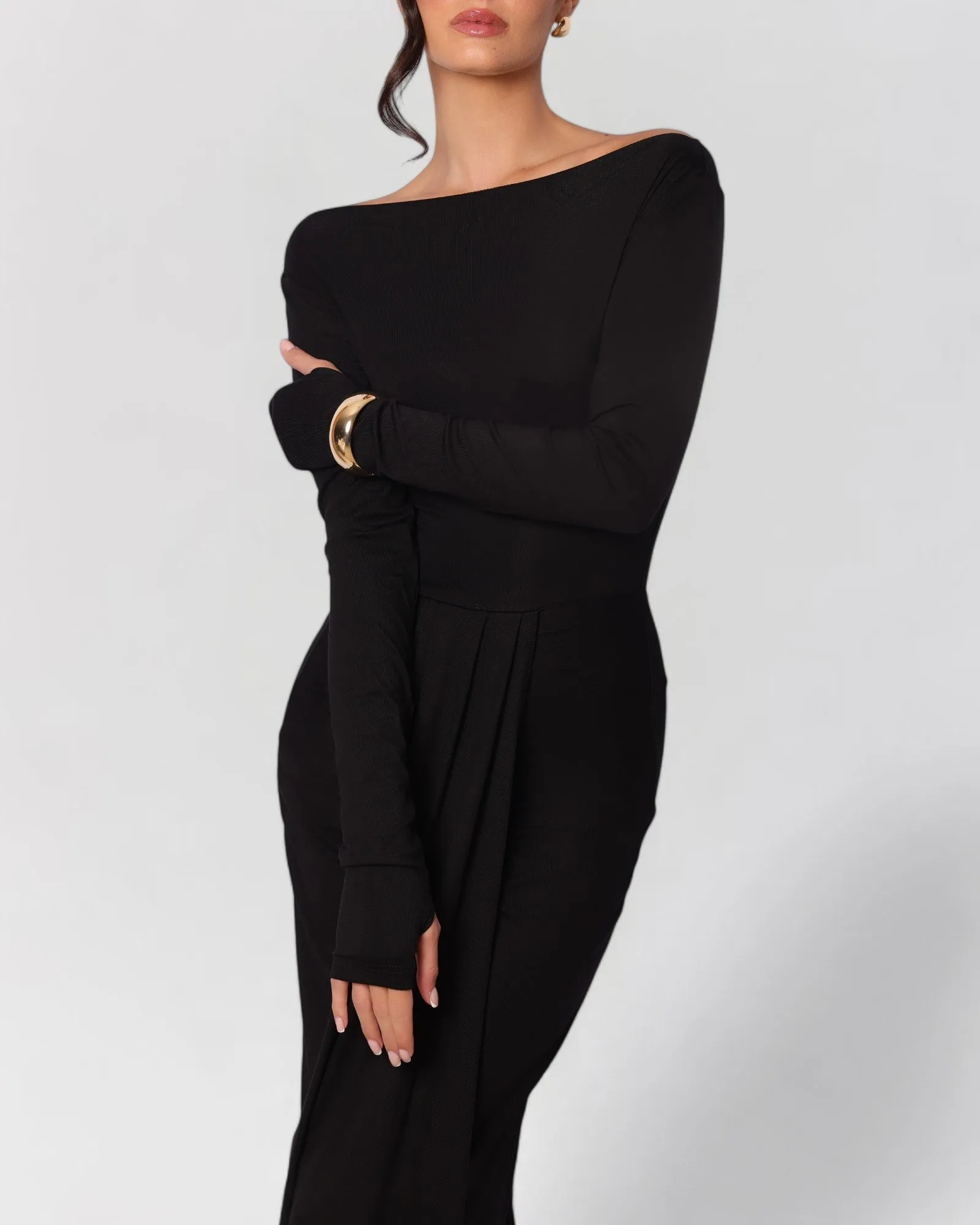 Black long sleeve twisted knit maxi dress sold by Heiress Beverly Hills product image thumbnail 3