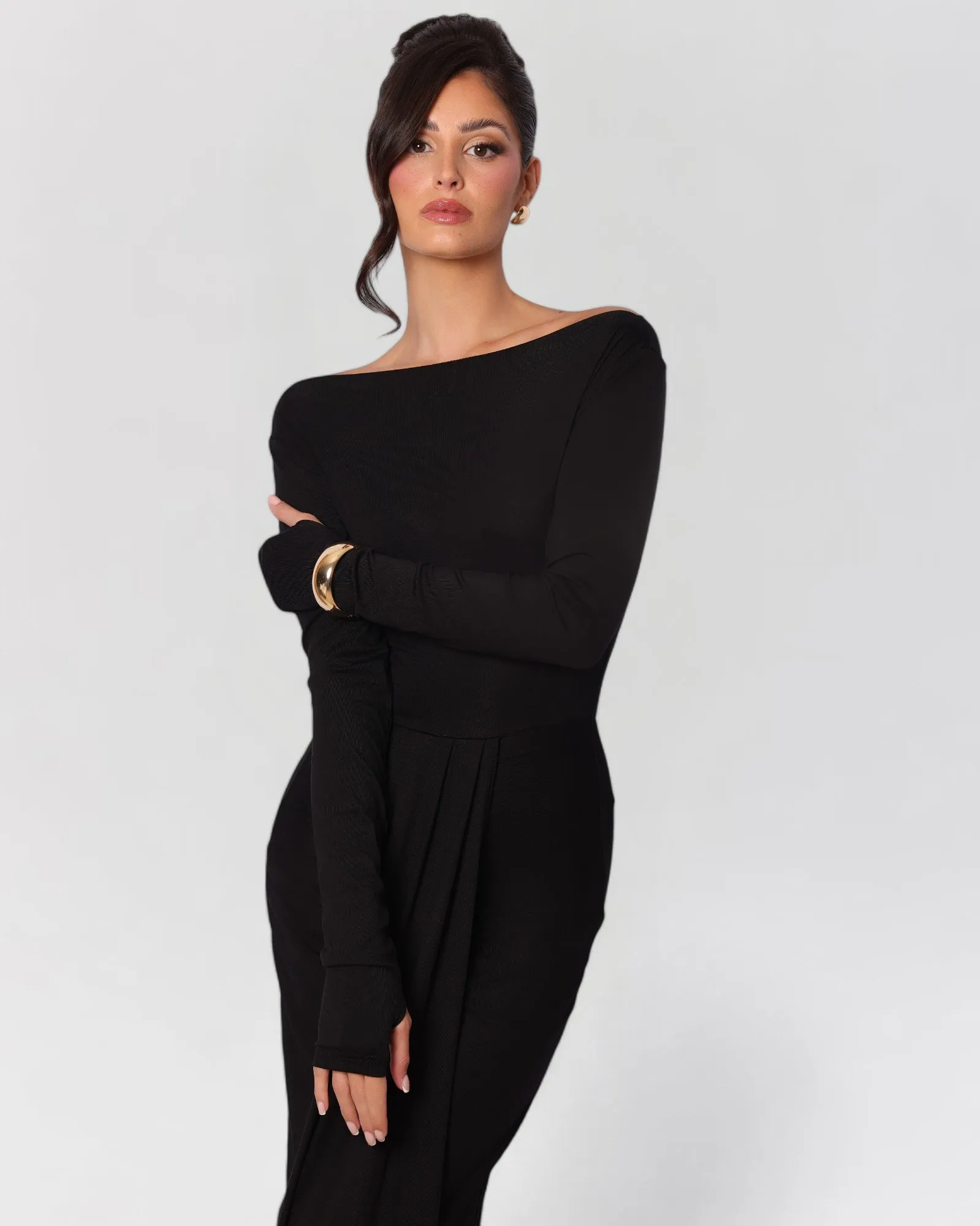 Black long sleeve twisted knit maxi dress sold by Heiress Beverly Hills product image thumbnail 4