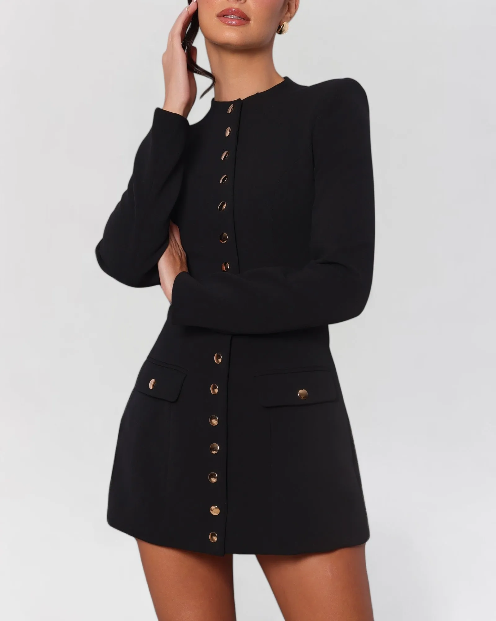 Black long sleeve gold button down blazer mini dress sold by Heiress Beverly Hills product image thumbnail 3