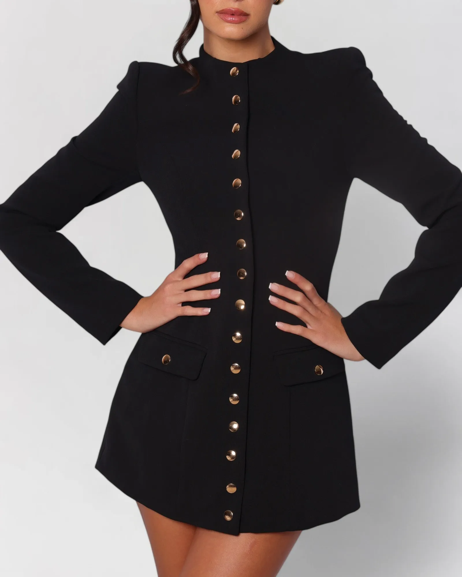 Black long sleeve gold button down blazer mini dress sold by Heiress Beverly Hills product image thumbnail 4
